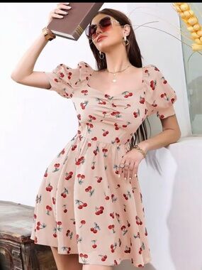 SHEIN Beige Mini Dress with Red Cherry Print